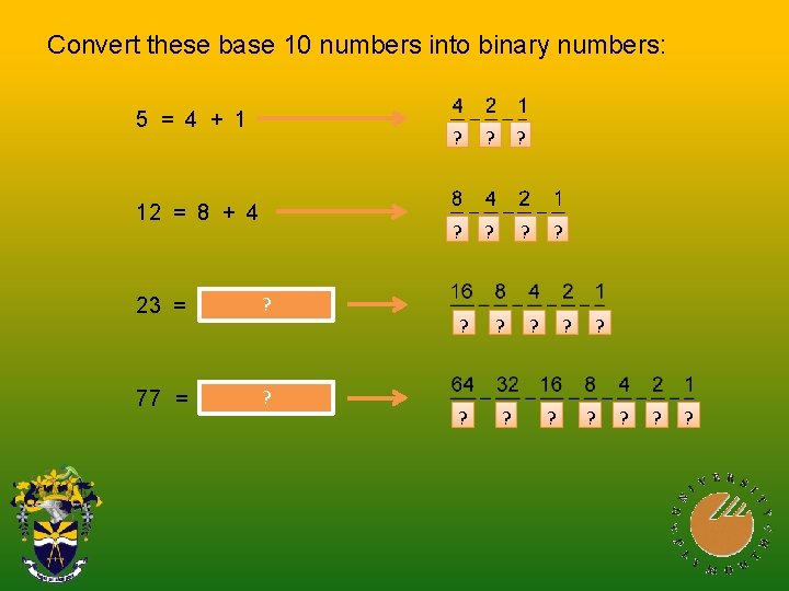 Convert these base 10 numbers into binary numbers: 5 = 4 + 1 12
