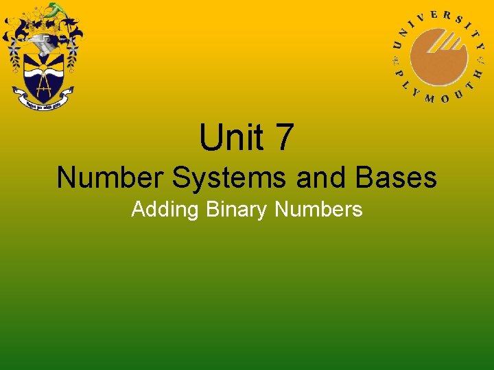 Unit 7 Number Systems and Bases Adding Binary Numbers 