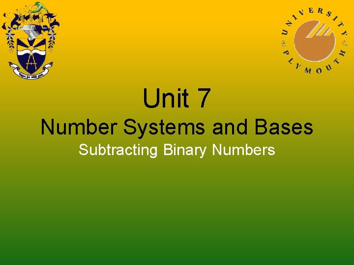 Unit 7 Number Systems and Bases Subtracting Binary Numbers 