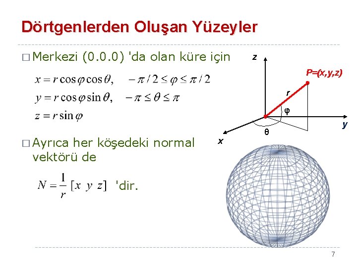 Dörtgenlerden Oluşan Yüzeyler � Merkezi (0. 0. 0) 'da olan küre için z P=(x,