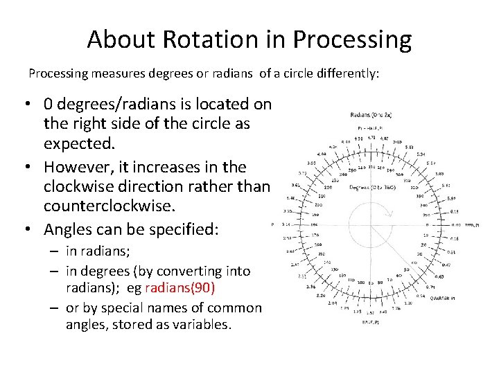 About Rotation in Processing measures degrees or radians of a circle differently: • 0
