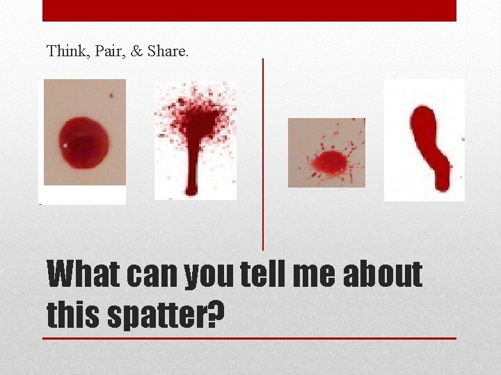 Think, Pair, & Share. What can you tell me about this spatter? 