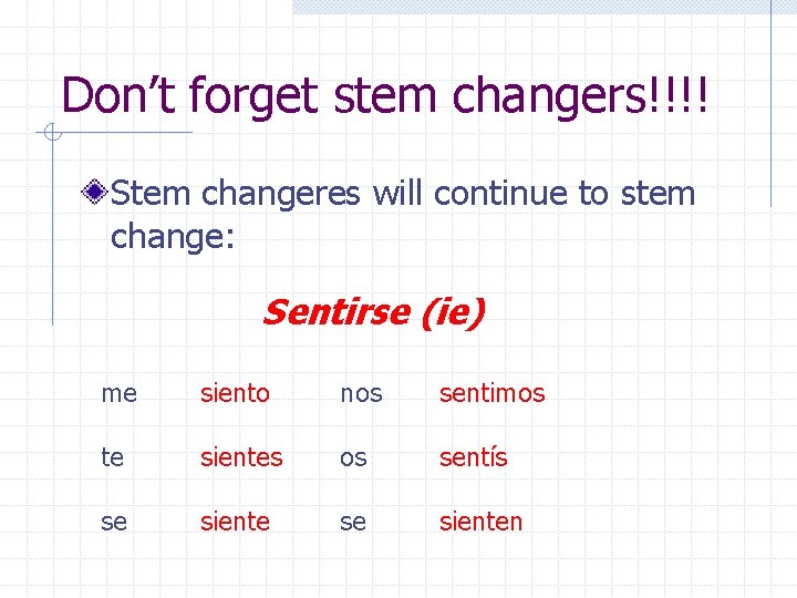 Don’t forget stem changers!!!! Stem changeres will continue to stem change: Sentirse (ie) me