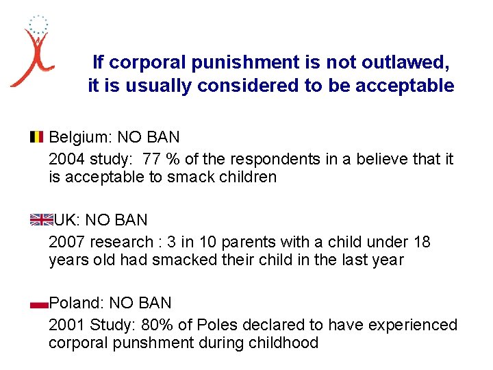 If corporal punishment is not outlawed, it is usually considered to be acceptable Belgium: