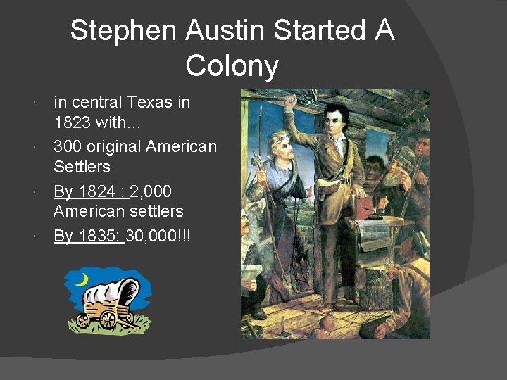 Stephen Austin Started A Colony in central Texas in 1823 with… 300 original American