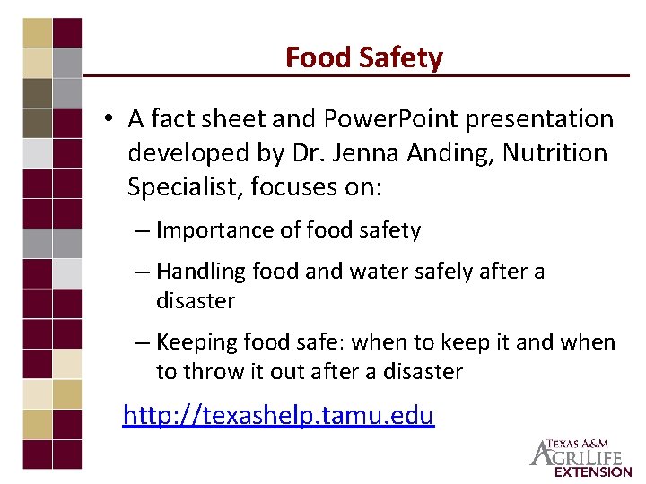 Food Safety • A fact sheet and Power. Point presentation developed by Dr. Jenna