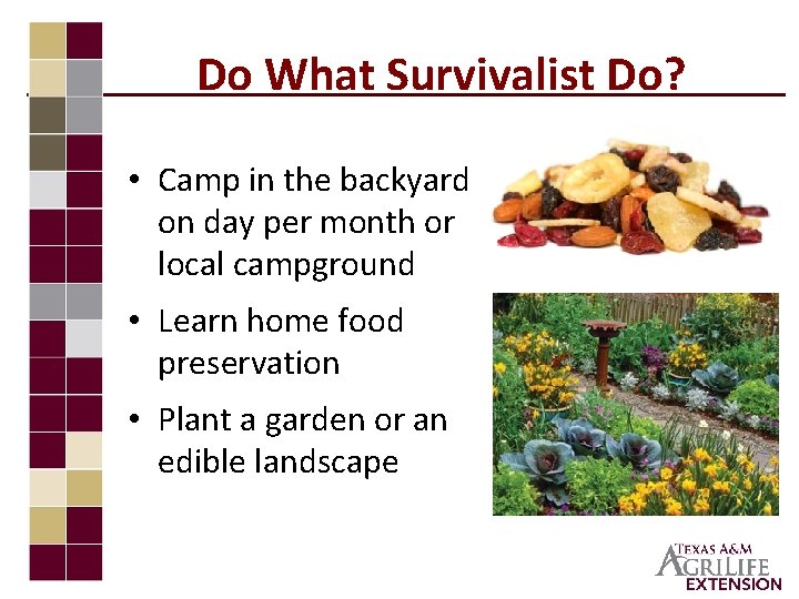 Do What Survivalist Do? • Camp in the backyard on day per month or