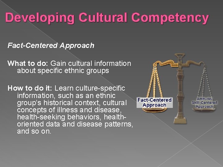 Developing Cultural Competency Fact-Centered Approach What to do: Gain cultural information about specific ethnic