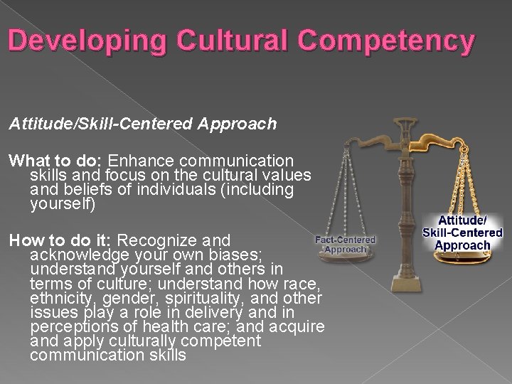 Developing Cultural Competency Attitude/Skill-Centered Approach What to do: Enhance communication skills and focus on