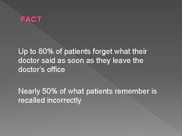 FACT Up to 80% of patients forget what their doctor said as soon as