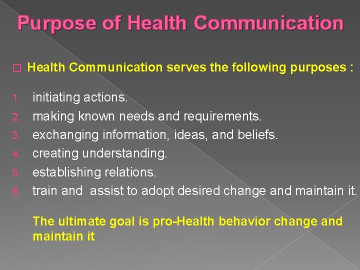 Purpose of Health Communication � 1. 2. 3. 4. 5. 6. Health Communication serves