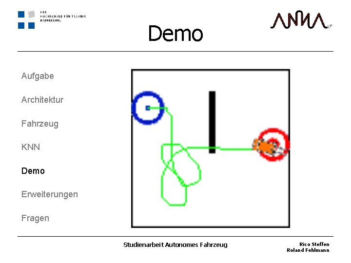 Demo Aufgabe Architektur Fahrzeug KNN Demo Erweiterungen Fragen Studienarbeit Autonomes Fahrzeug Rico Steffen Roland