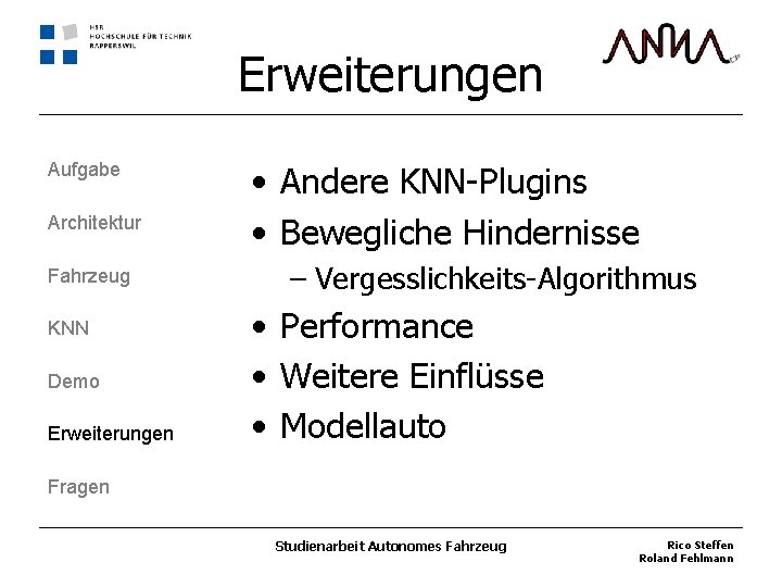 Erweiterungen Aufgabe Architektur Fahrzeug KNN Demo Erweiterungen • Andere KNN-Plugins • Bewegliche Hindernisse –