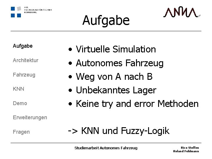 Aufgabe Architektur Fahrzeug KNN Demo • • • Virtuelle Simulation Autonomes Fahrzeug Weg von