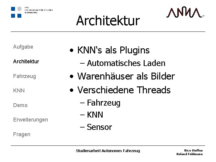Architektur Aufgabe Architektur Fahrzeug KNN Demo Erweiterungen Fragen • KNN‘s als Plugins – Automatisches