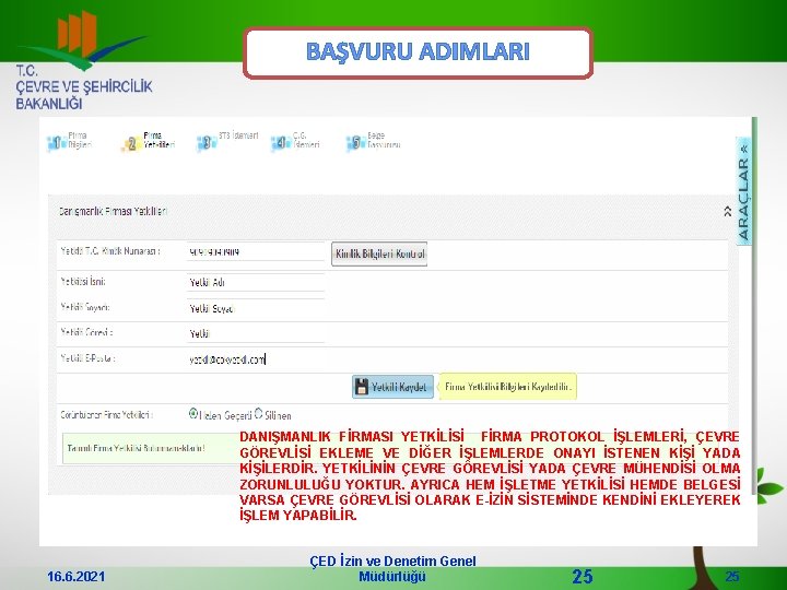 BAŞVURU ADIMLARI DANIŞMANLIK FİRMASI YETKİLİSİ FİRMA PROTOKOL İŞLEMLERİ, ÇEVRE GÖREVLİSİ EKLEME VE DİĞER İŞLEMLERDE