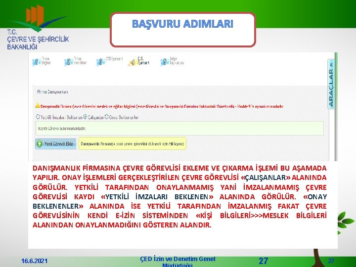 BAŞVURU ADIMLARI DANIŞMANLIK FİRMASINA ÇEVRE GÖREVLİSİ EKLEME VE ÇIKARMA İŞLEMİ BU AŞAMADA YAPILIR. ONAY