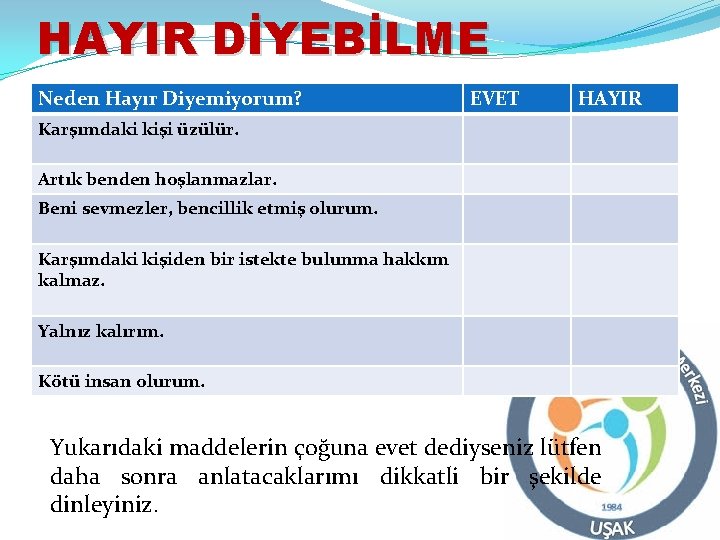 HAYIR DİYEBİLME Neden Hayır Diyemiyorum? EVET HAYIR Karşımdaki kişi üzülür. Artık benden hoşlanmazlar. Beni