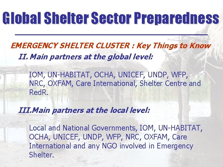 Global Shelter Sector Preparedness ______________ EMERGENCY SHELTER CLUSTER : Key Things to Know II.