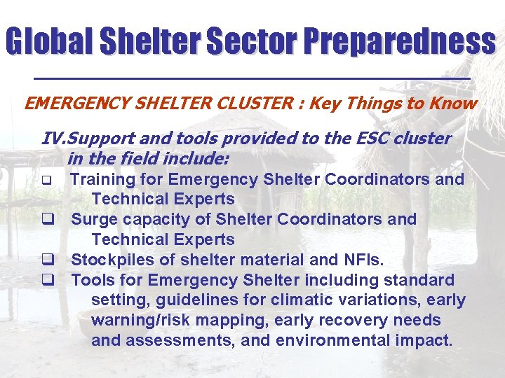 Global Shelter Sector Preparedness ______________ EMERGENCY SHELTER CLUSTER : Key Things to Know IV.