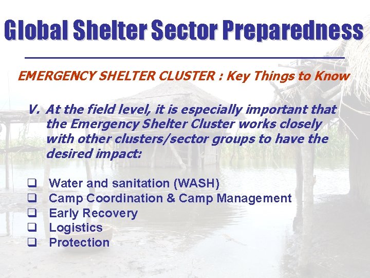 Global Shelter Sector Preparedness ______________ EMERGENCY SHELTER CLUSTER : Key Things to Know V.