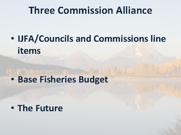 Three Commission Alliance • IJFA/Councils and Commissions line items • Base Fisheries Budget •