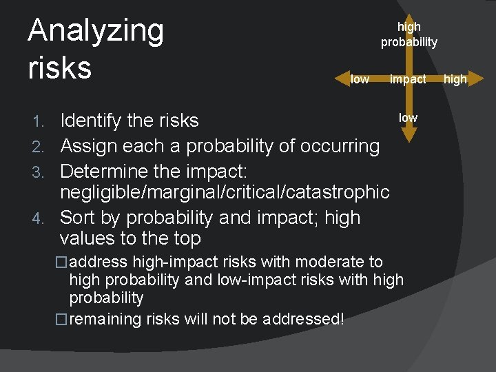 Analyzing risks high probability low Identify the risks 2. Assign each a probability of