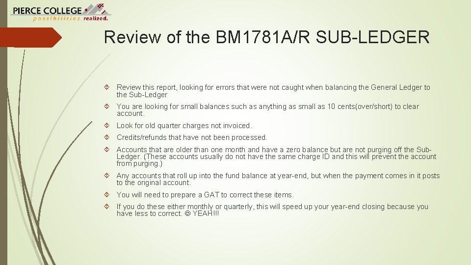 Review of the BM 1781 A/R SUB-LEDGER Review this report, looking for errors that