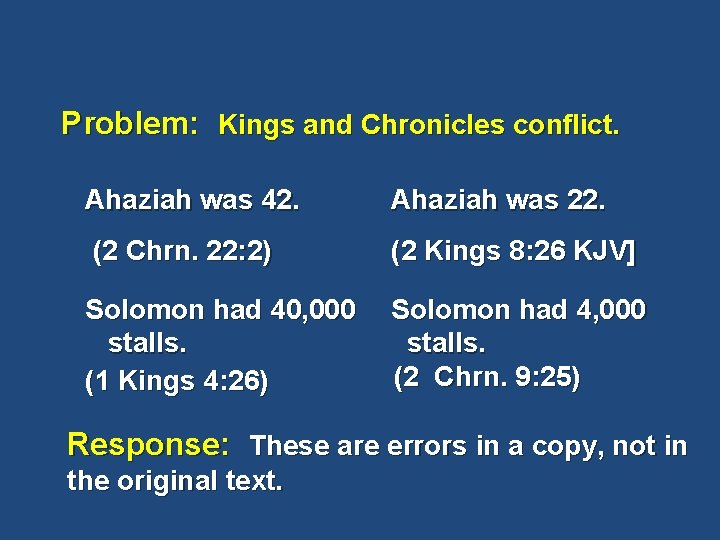 Problem: Kings and Chronicles conflict. Ahaziah was 42. Ahaziah was 22. (2 Chrn. 22: