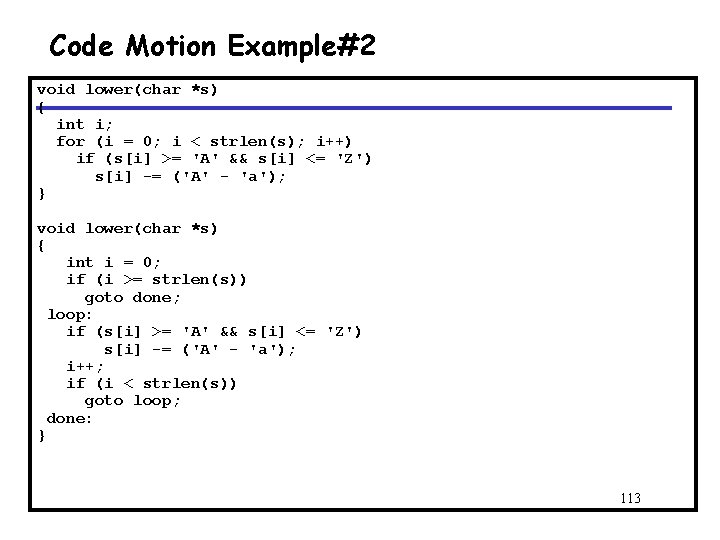 Code Motion Example#2 void lower(char *s) { int i; for (i = 0; i