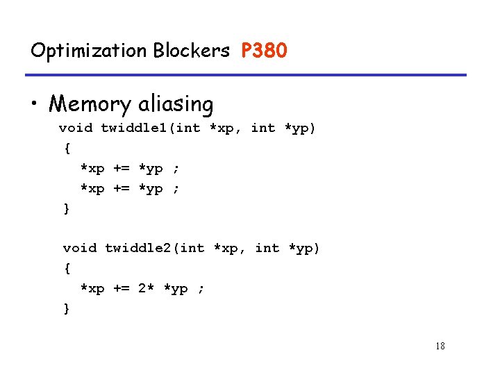 Optimization Blockers P 380 • Memory aliasing void twiddle 1(int *xp, int *yp) {