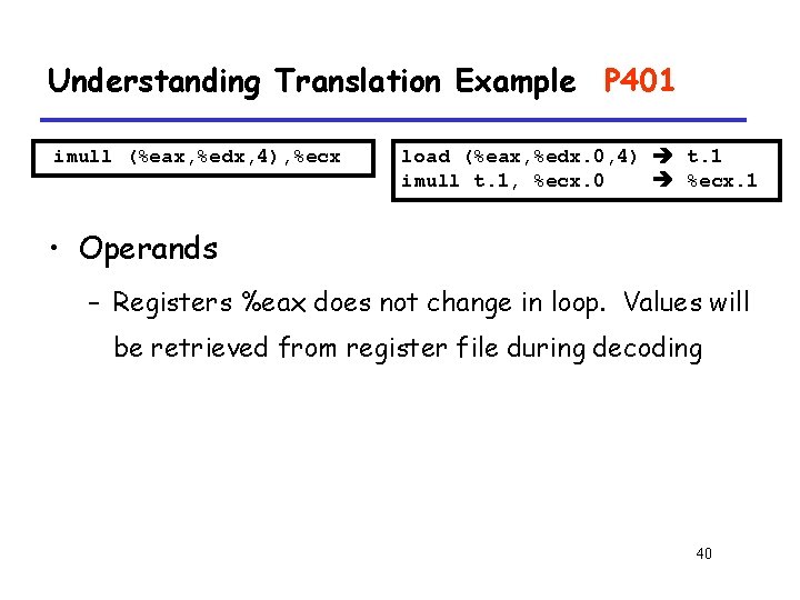 Understanding Translation Example P 401 imull (%eax, %edx, 4), %ecx load (%eax, %edx. 0,