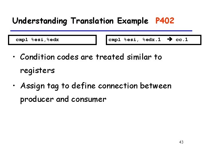 Understanding Translation Example P 402 cmpl %esi, %edx. 1 cc. 1 • Condition codes