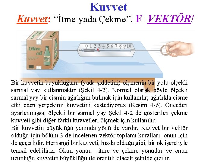 Kuvvet: “İtme yada Çekme”. F VEKTÖR! Bir kuvvetin büyüklüğünü (yada şiddetini) ölçmenin bir yolu