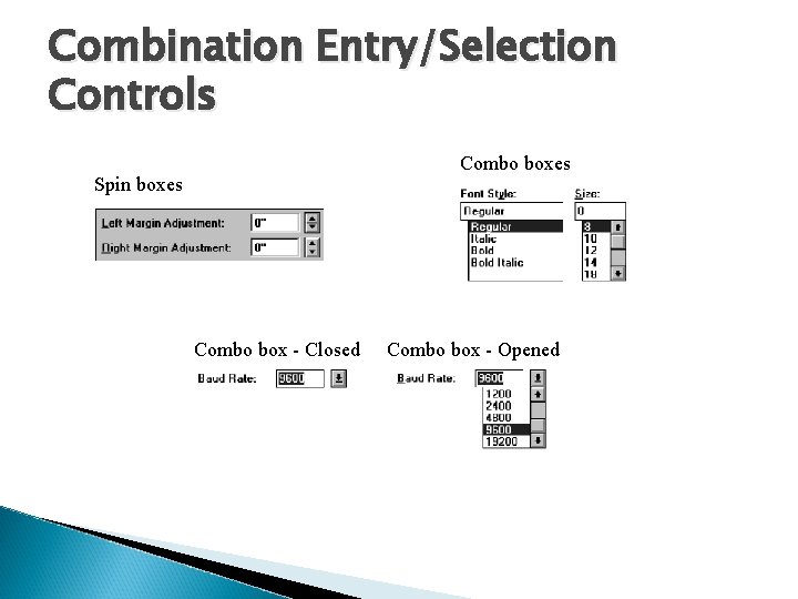 Combination Entry/Selection Controls Combo boxes Spin boxes Combo box - Closed Combo box -