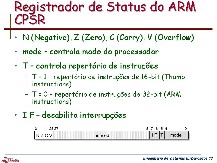 Registrador de Status do ARM CPSR • N (Negative), Z (Zero), C (Carry), V