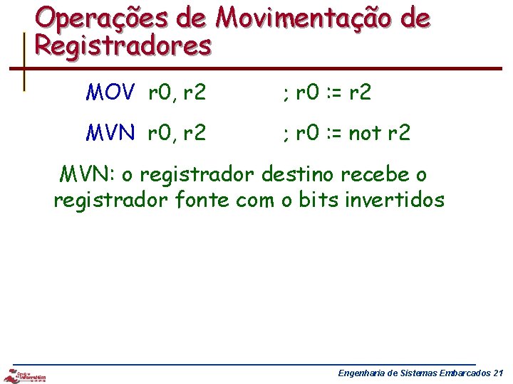 Operações de Movimentação de Registradores MOV r 0, r 2 ; r 0 :