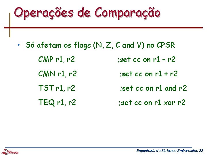 Operações de Comparação • Só afetam os flags (N, Z, C and V) no