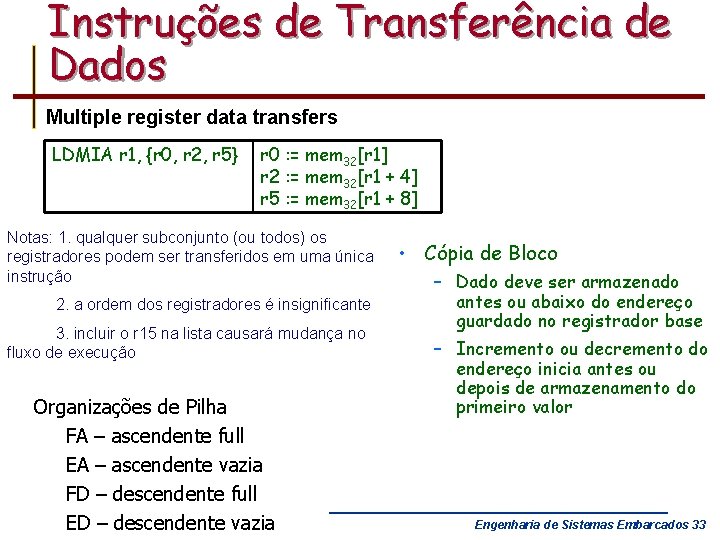 Instruções de Transferência de Dados Multiple register data transfers LDMIA r 1, {r 0,
