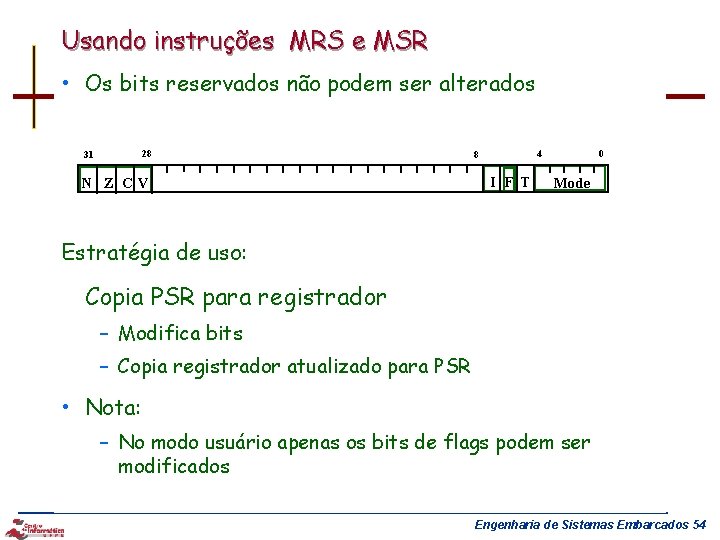 Usando instruções MRS e MSR • Os bits reservados não podem ser alterados 31