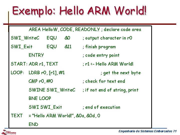 Exemplo: Hello ARM World! AREA Hello. W, CODE, READONLY ; declare code area SWI_Write.