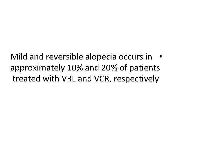 Mild and reversible alopecia occurs in • approximately 10% and 20% of patients treated