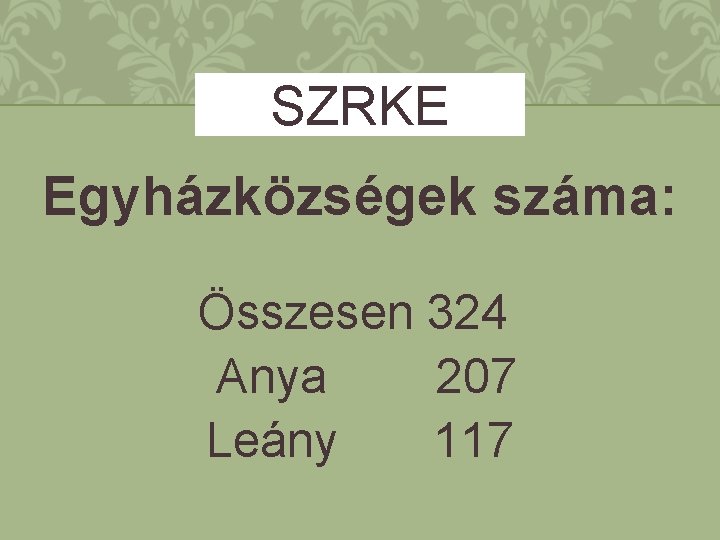 SZRKE Egyházközségek száma: Összesen 324 Anya 207 Leány 117 