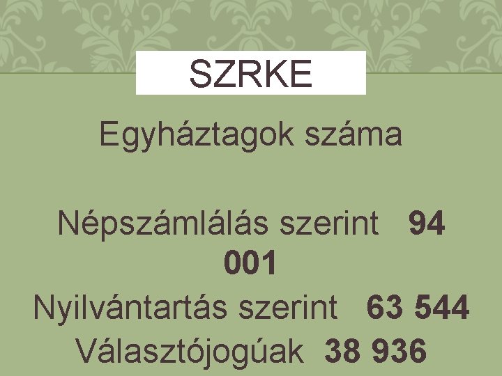 SZRKE Egyháztagok száma Népszámlálás szerint 94 001 Nyilvántartás szerint 63 544 Választójogúak 38 936