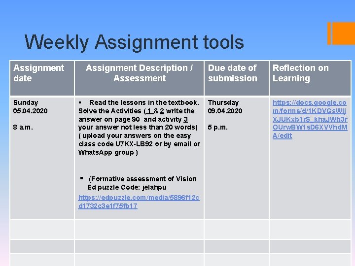Weekly Assignment tools Assignment date Sunday 05. 04. 2020 8 a. m. Assignment Description