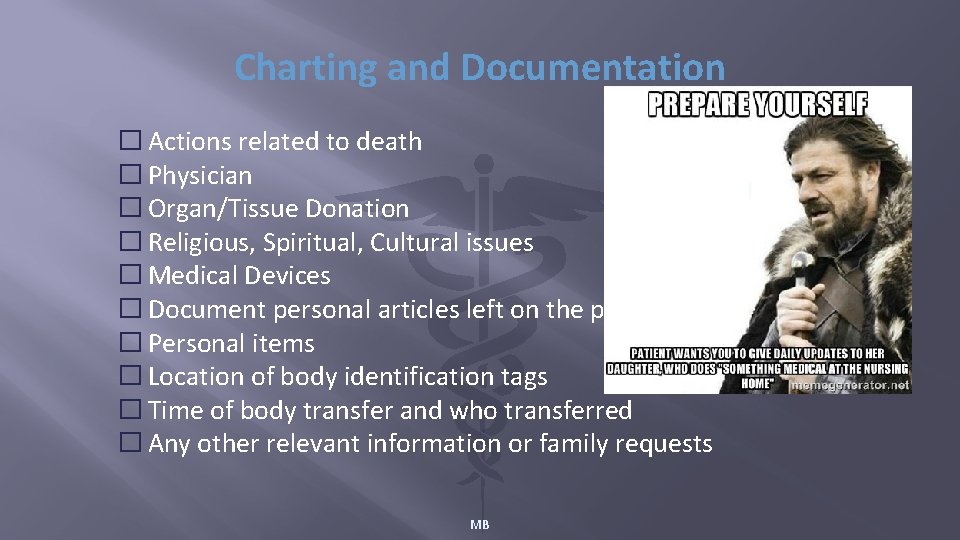 Charting and Documentation � Actions related to death � Physician � Organ/Tissue Donation �