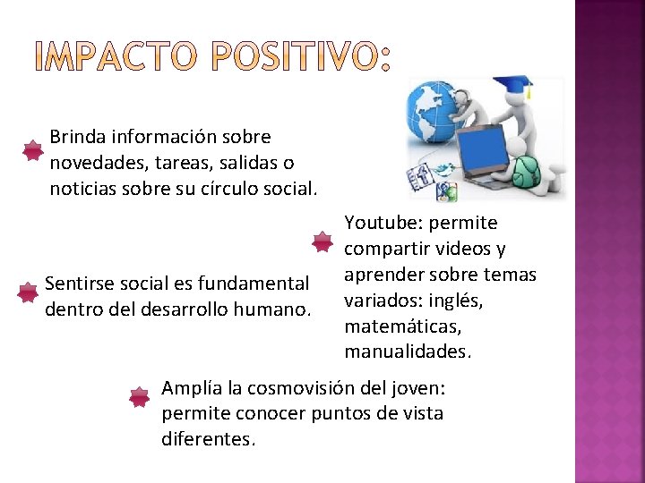 Brinda información sobre novedades, tareas, salidas o noticias sobre su círculo social. Sentirse social