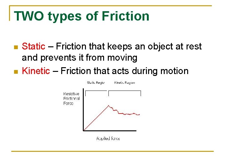 TWO types of Friction n n Static – Friction that keeps an object at