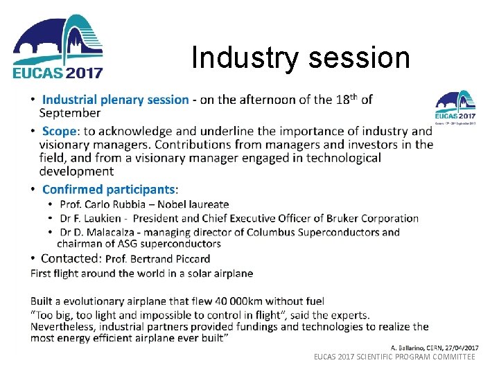Industry session EUCAS 2017 SCIENTIFIC PROGRAM COMMITTEE 