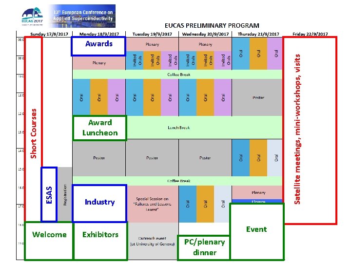 Satellite meetings, mini-workshops, visits Short Courses Awards ESAS Award Luncheon Industry Welcome Exhibitors Event